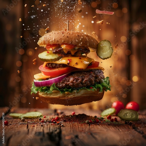 Falling hamburger with delicious ingredients, tomato slice, lettuce, splash of sauce, meat.Delicious cheeseburger banner and mockup.  photo