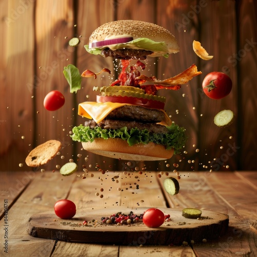 Falling hamburger with delicious ingredients, tomato slice, lettuce, splash of sauce, meat.Delicious cheeseburger banner and mockup.  photo