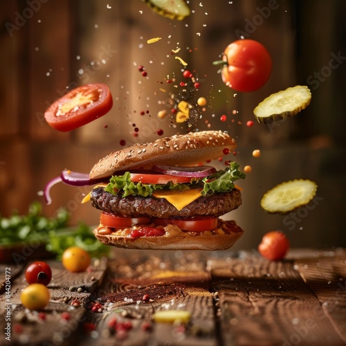 Falling hamburger with delicious ingredients, tomato slice, lettuce, splash of sauce, meat.Delicious cheeseburger banner and mockup.  photo