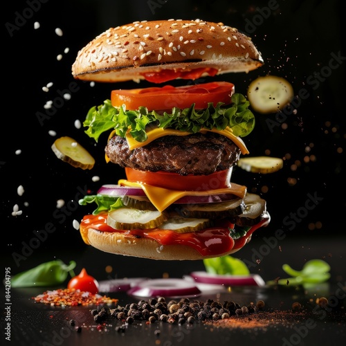 Falling hamburger with delicious ingredients, tomato slice, lettuce, splash of sauce, meat.Delicious cheeseburger banner and mockup.  photo