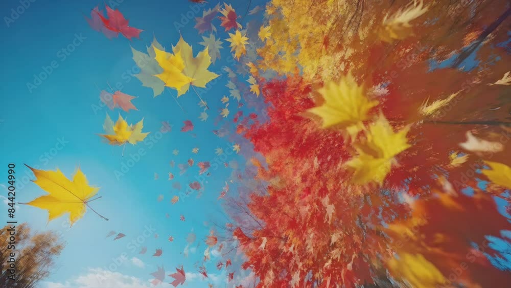 Super slow motion of falling autumn maple leaves against clear blue sky. Filmed on high speed cinema camera Super slow motion of falling autumn maple leaves against clear blue sky. Filmed on high speed cinema camera