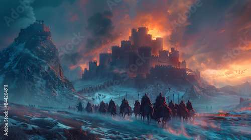 A captivating digital artwork depicting a medieval castle under siege, with smoke, fire, and soldiers approaching. themes related to fantasy, history, and epic battles.