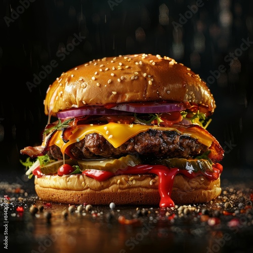 Falling hamburger with delicious ingredients, tomato slice, lettuce, splash of sauce, meat.Delicious cheeseburger banner and mockup.  photo