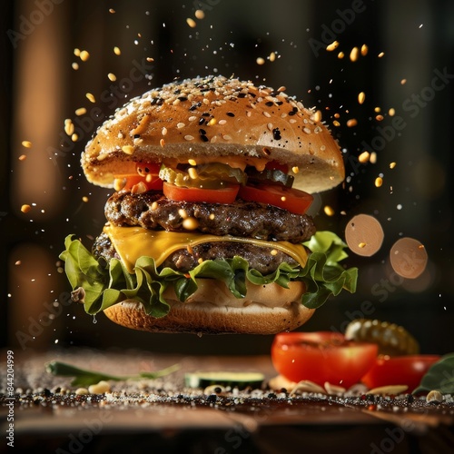 Falling hamburger with delicious ingredients, tomato slice, lettuce, splash of sauce, meat.Delicious cheeseburger banner and mockup.  photo