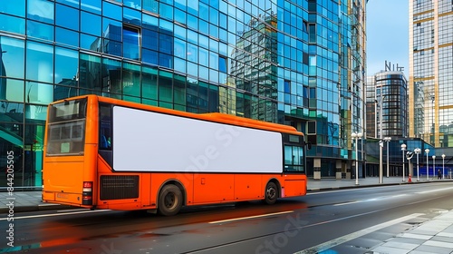 Orange bus with a blank billboard on the back, cruising past sleek and modern glass architecture.