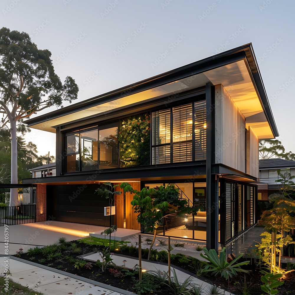 Fototapeta premium The modern, sustainable architectural features of a suburban house, focusing on green building materials and eco-friendly design.