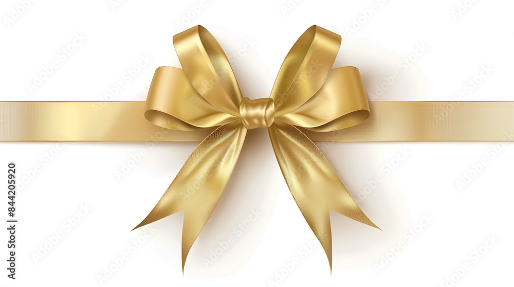 Fototapeta premium Decorative golden bow with long ribbon isolated on white background