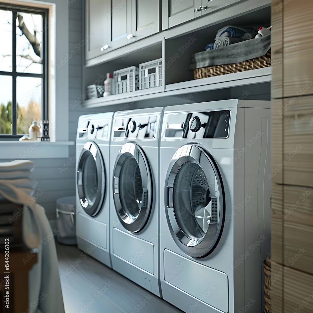 The stylish and functional utility room of a suburban house, equipped with high-efficiency laundry appliances and ample storage. The stylish and functional utility room of a suburban house, equipped with high-efficiency laundry appliances and ample storage.