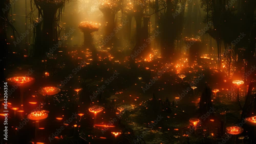 A treacherous swamp in the Mushroom Kingdom its surface covered in glowing mushroom caps providing a perilous and eerie atmosphere. A treacherous swamp in the Mushroom Kingdom its surface covered in glowing mushroom caps providing a perilous and eerie atmosphere.