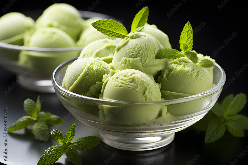 Homemade matcha green tea ice cream, japanese dessert in glass cup on back background. Help reduce cholesterol levels. Lower blood pressure Contains antioxidants. Homemade matcha green tea ice cream, japanese dessert in glass cup on back background. Help reduce cholesterol levels. Lower blood pressure Contains antioxidants.