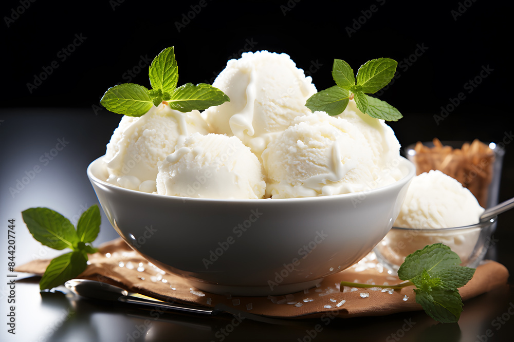 Coconut ice cream balls topping green mint leaves in clear glass cup on black background. Fresh coconut milk ice cream Mix with young coconut meat. Fruit that makes delicious ice cream in variety. Coconut ice cream balls topping green mint leaves in clear glass cup on black background. Fresh coconut milk ice cream Mix with young coconut meat. Fruit that makes delicious ice cream in variety.