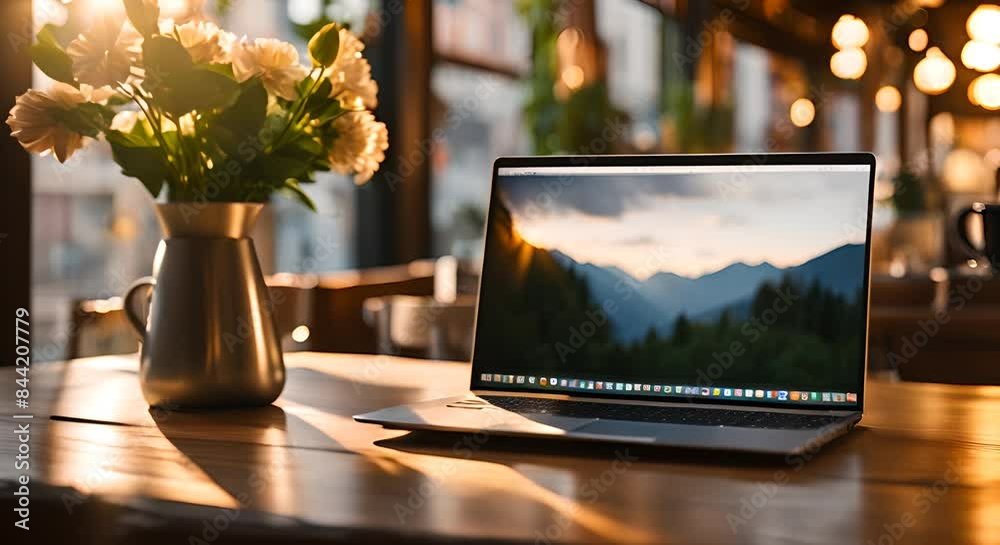 Laptop with blank screen on wooden table in a coffee shop. Laptop with blank screen on wooden table in a coffee shop.