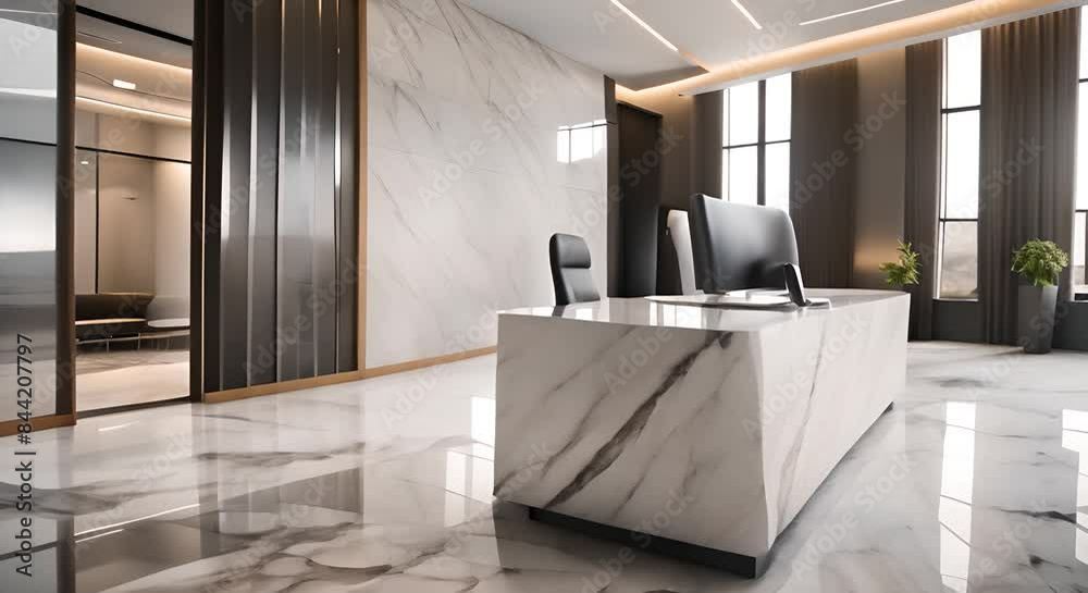 Modern office reception room with marble computer desk