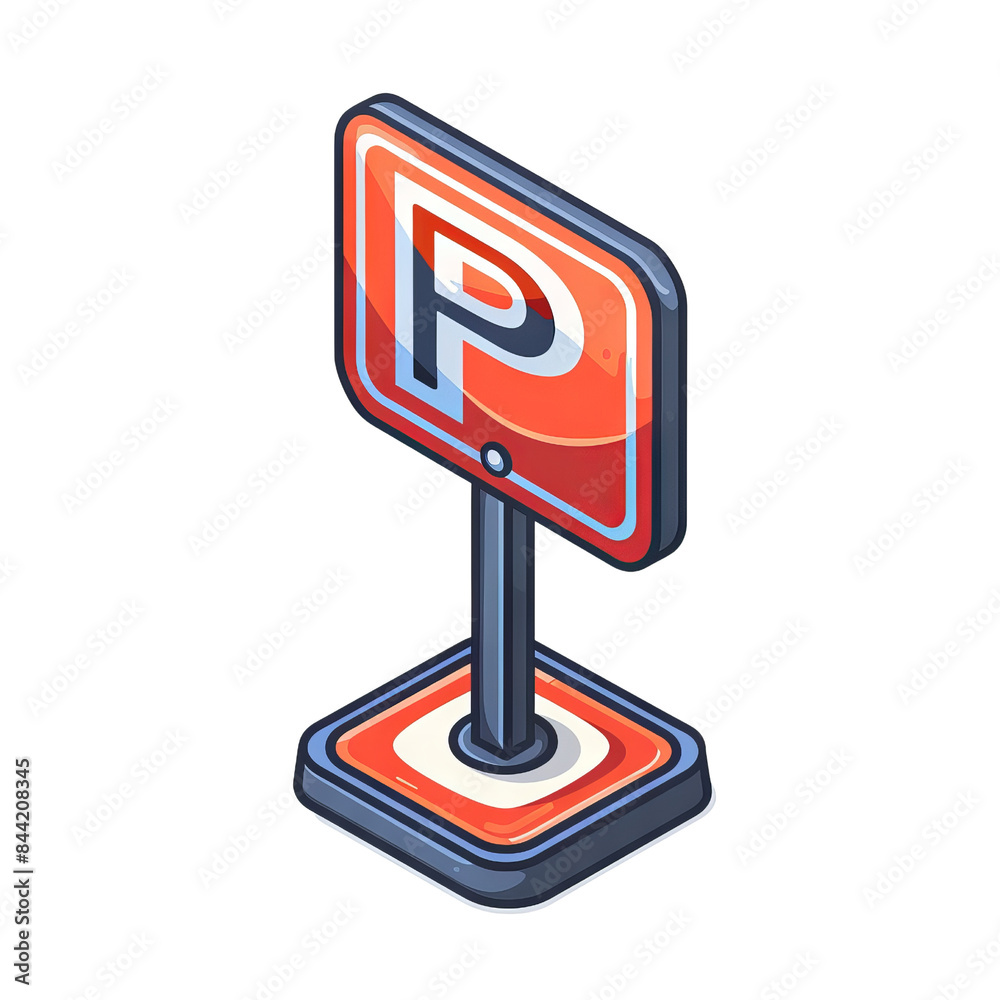 Isometric illustration of a parking sign icon on a stand with a vibrant orange and blue color scheme, isolated on a white background. Isometric illustration of a parking sign icon on a stand with a vibrant orange and blue color scheme, isolated on a white background.