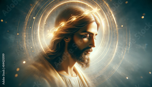 Digital painting of a serene figure with a halo, emanating divine light. Spiritual and religious inspiration. Perfect for faith-related themes.