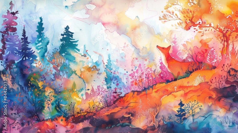Fototapeta premium A colorful painting of a forest with a fox sitting on a hill. The painting has a bright and cheerful mood