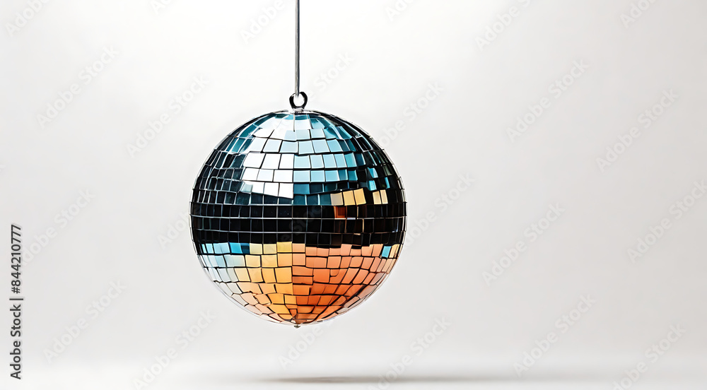 Fototapeta premium A hanging disco ball on a white plain background with copy space and isolation, simple party concept 