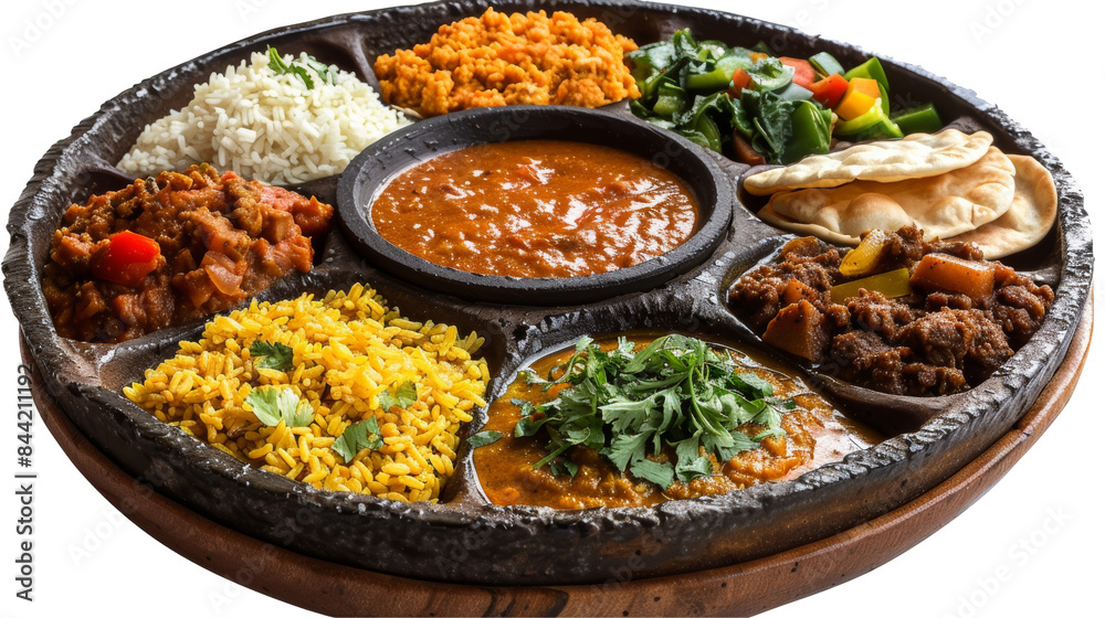 Ethiopian Injera with Spicy Stews Isolated on Transparent or White Background, PNG Ethiopian Injera with Spicy Stews Isolated on Transparent or White Background, PNG