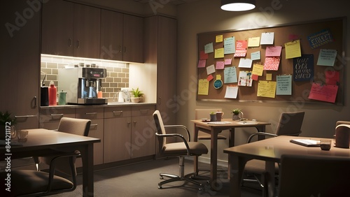 An office break room with a small kitchenette