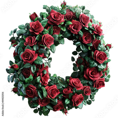 Bouquet of Red Rose Flowers in Wreath Isolated on Transparent or White Background, PNG