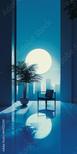A chair is in front of a large moon in a room with a city in the background. The chair is empty and the room is dimly lit