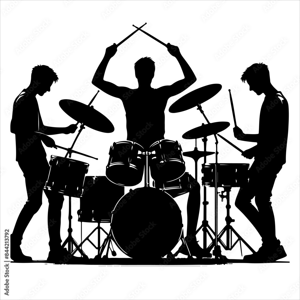 Fototapeta premium Men Rock Drummer Silhouette Vector, drum set silhouette vector art illustration