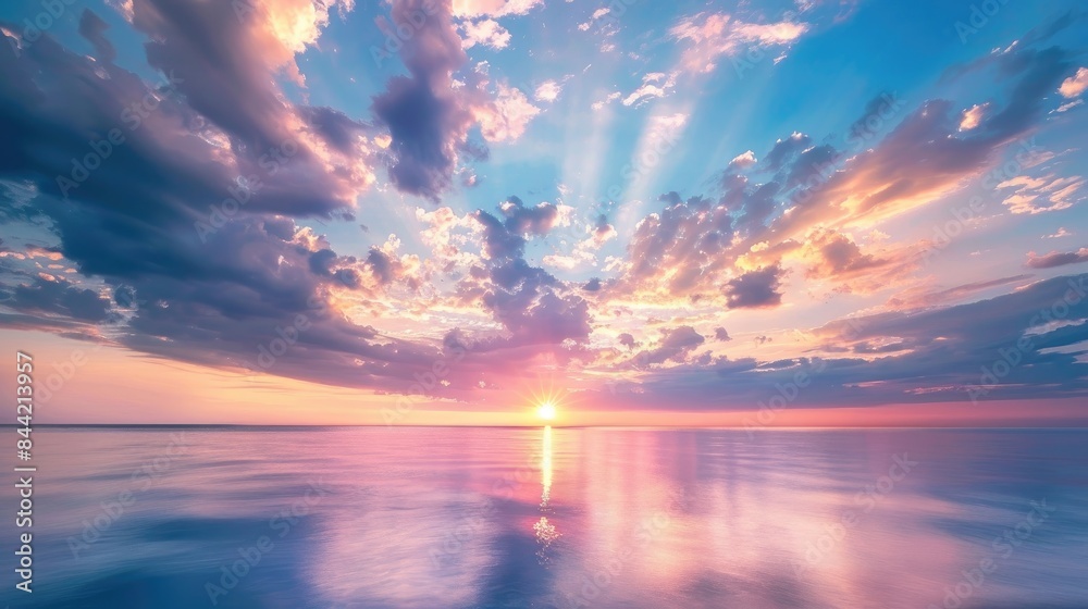 Dramatic clouds backdrop enhancing colorful sky over sea during sunset or sunrise Dramatic clouds backdrop enhancing colorful sky over sea during sunset or sunrise
