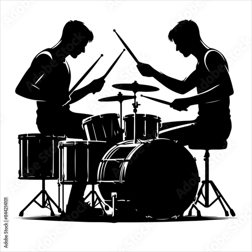 Men Rock Drummer Silhouette Vector, drum set silhouette vector art illustration