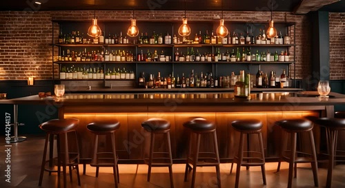 Modern bar interior with wooden tables and brick walls in an industrial style