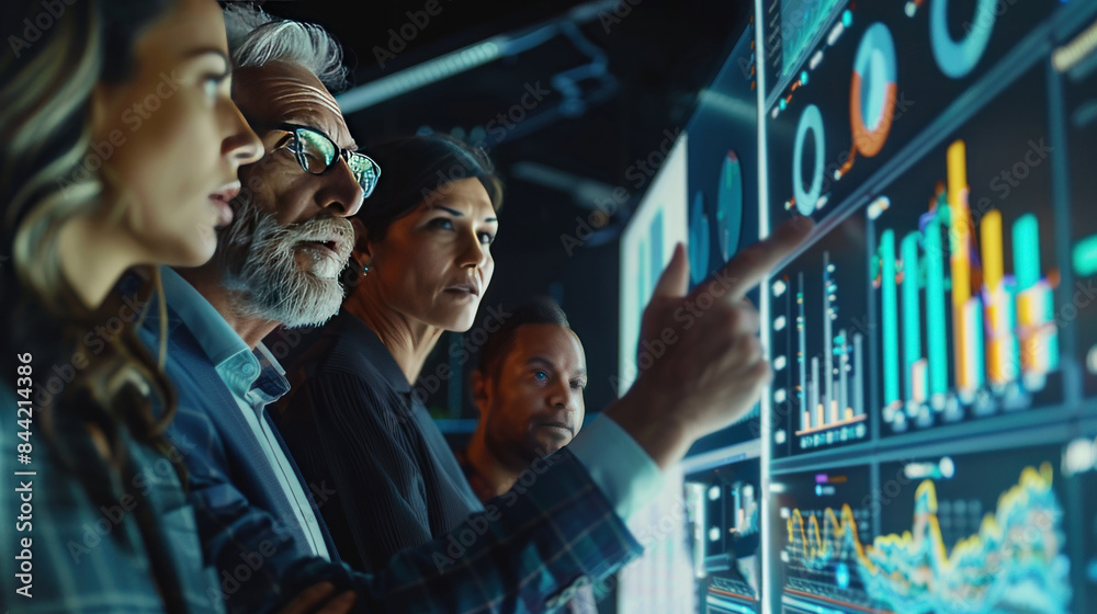 Obraz premium A group of confident business people are analyzing market data, balance sheets, accounts, and net profits by pointing to graphs and charts.