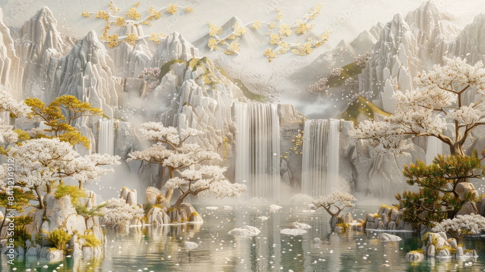 The concrete wall is adorned with volumetric stucco molding featuring golden elements, depicting a serene Japanese landscape complete with waterfalls, mountains, and blossoming sakura trees.