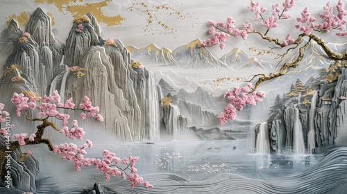 The concrete wall is adorned with volumetric stucco molding featuring golden elements, depicting a serene Japanese landscape complete with waterfalls, mountains, and blossoming sakura trees.