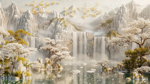 Obraz na płótnie The concrete wall is adorned with volumetric stucco molding featuring golden elements, depicting a serene Japanese landscape complete with waterfalls, mountains, and blossoming sakura trees. w salonie