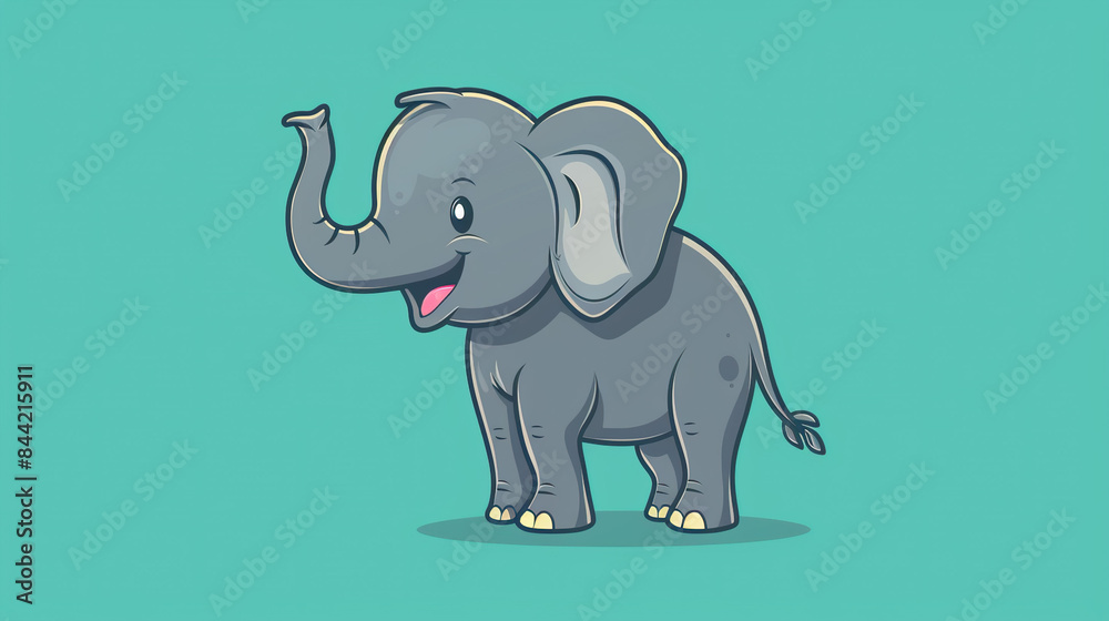 Fototapeta premium Happy Cartoon Elephant clipart with a raised trunk on isolate blue background