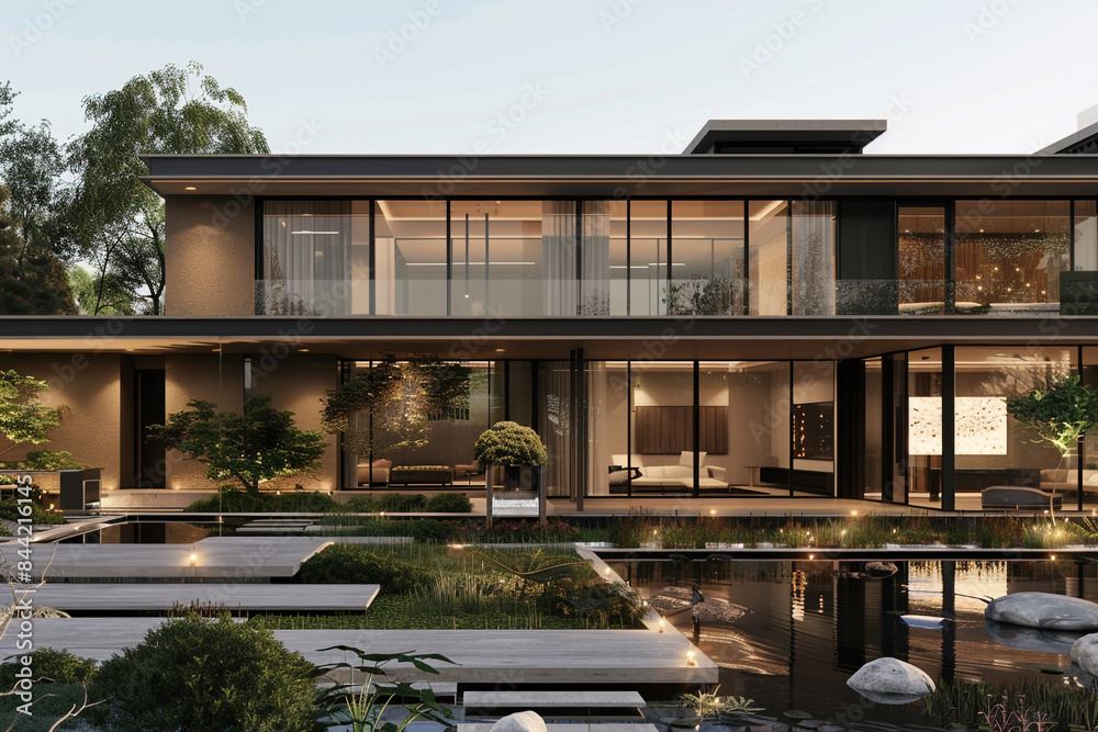 Modern luxury suburban house with warm olive walls and large glass fronts, complemented by a minimalist garden with water features. Modern luxury suburban house with warm olive walls and large glass fronts, complemented by a minimalist garden with water features.