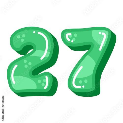 Cute funny number 27 twenty seven vector illustration, green number 27 image in cartoon style