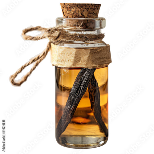 Crystal Vial of Vanilla Extract with Bean Pod Isolated on Transparent or White Background, PNG