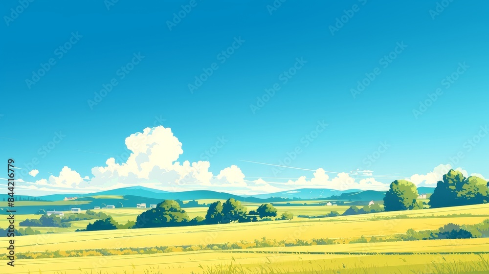 Fototapeta premium Summer Field Landscape with Blue Sky and Fluffy Clouds