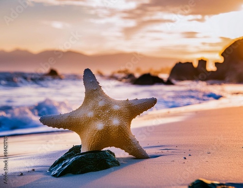 sea star on a very bright beach, with a blurred landscape background