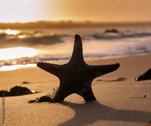 Silhouette sea star on a very bright beach, with a blurred landscape