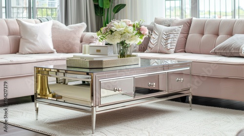 M Abrams style rectangular glass coffee table with silver legs, gold side panels, central drawer, mirrored shelf in living room with pink sofa, white rug, large window, and natural light. photo