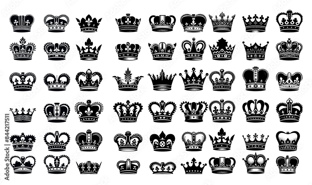 Crown set icons, collection different crown sign, silhouette crown symbol. Elegant Heraldic Crown: Ideal for Royalty-Themed Designs and Luxury Brands Crown set icons, collection different crown sign, silhouette crown symbol. Elegant Heraldic Crown: Ideal for Royalty-Themed Designs and Luxury Brands
