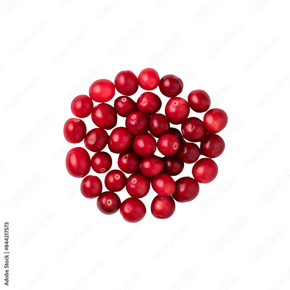 A top view of fresh, ripe cranberries grouped together in a circular pattern on a white background, showcasing their vibrant red color. A top view of fresh, ripe cranberries grouped together in a circular pattern on a white background, showcasing their vibrant red color.