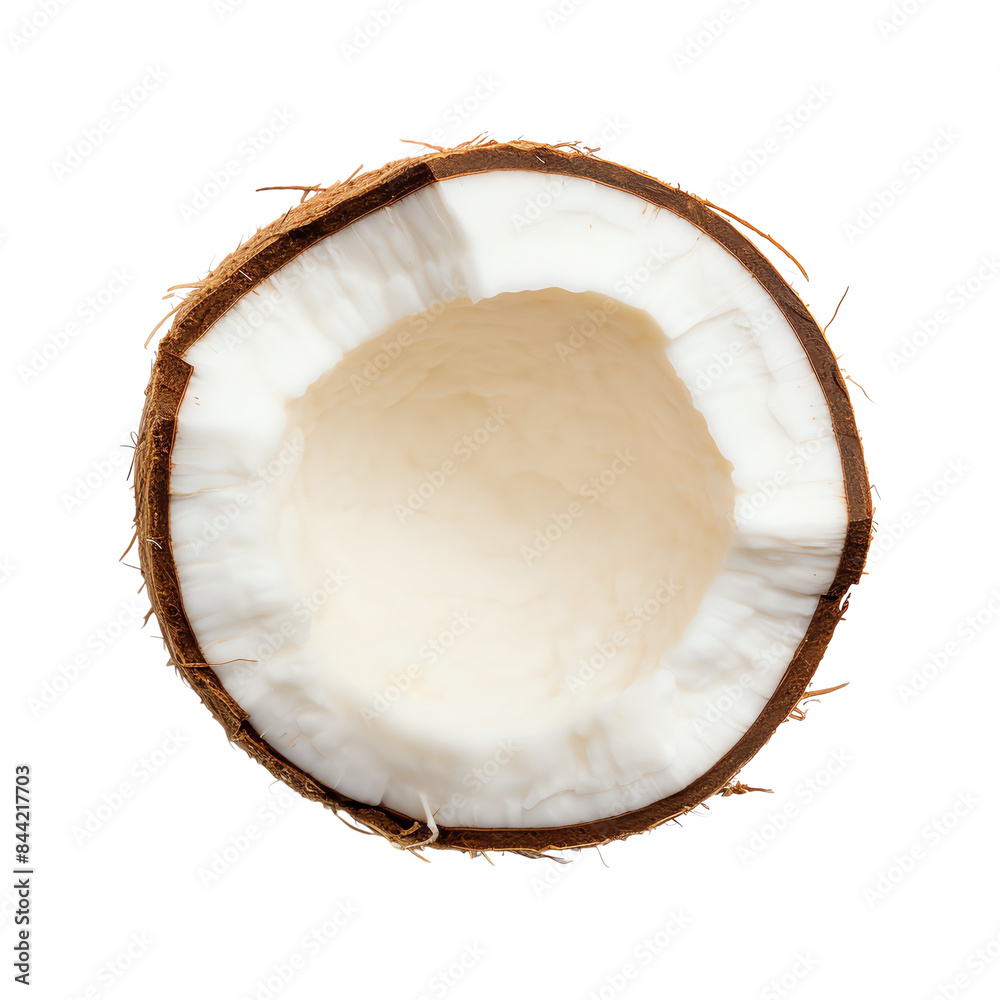 High-quality close-up image of a halved coconut, showcasing the inner white flesh and rough exterior shell, perfect for tropical themes. High-quality close-up image of a halved coconut, showcasing the inner white flesh and rough exterior shell, perfect for tropical themes.
