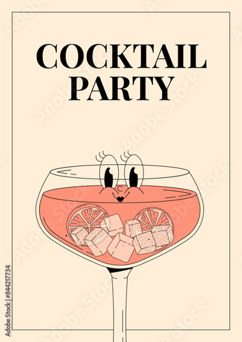 Groovy character pink grapefruit spritz. Retro poster Cocktail party with popular alcoholic beverage. Vintage vector illustration 70s, 80s style