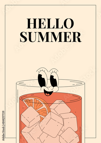 Groovy character negroni. Retro poster Hello summer with popular alcoholic beverage. Vintage vector illustration 70s, 80s style