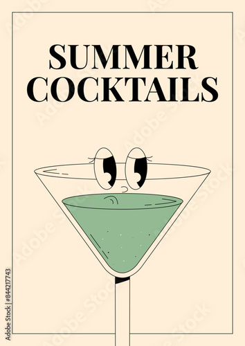 Groovy character apple martini. Retro poster Summer cocktails with popular alcoholic beverage. Vintage vector illustration 70s, 80s style