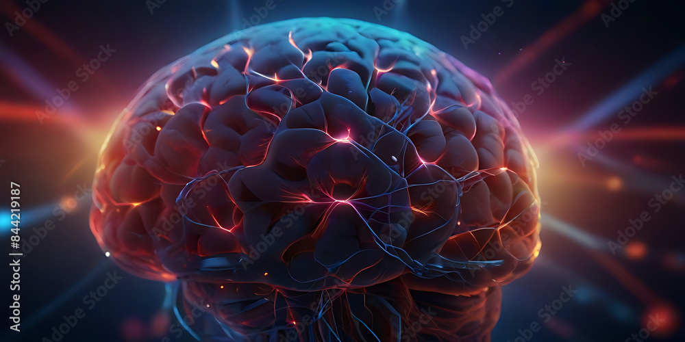 Scheme of parts of human brain, futuristic hologram of brain on a black ...