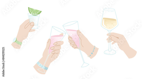 Set of human hands with drinks in glasses. Alcoholic beverages in hands. Time to relax after work in a restaurant or bar. Drinks at a party, picnic, celebration