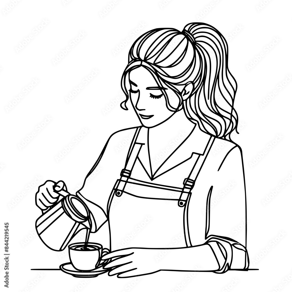Girl making coffee, female barista pouring coffee outline